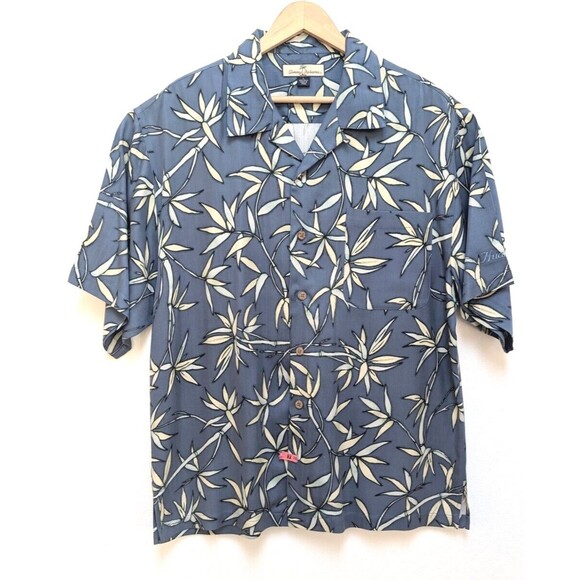 Tommy Bahama Mens Silk Shirt Sz L Hawaiian Blue Floral Button Up Short Sleeve - Picture 1 of 4